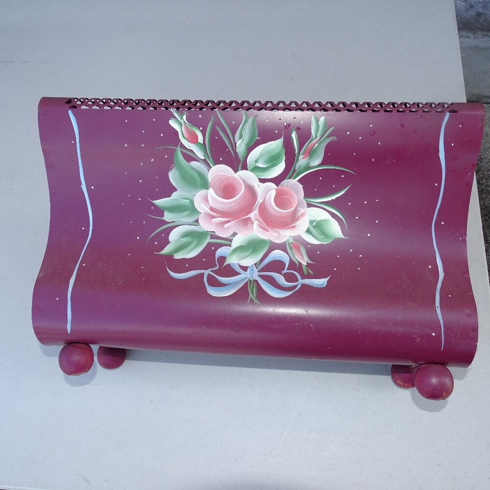 Toleware Magazine Rack Hand Painted Flowers 15"